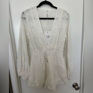 Women's White Lace-Embroidered V-Neck Romper